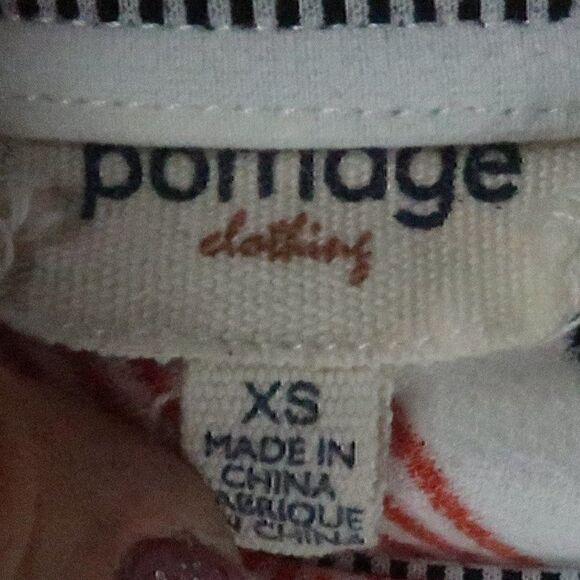POMAGE CLOTHING WHITE WITH BLACK & ORANGE STRIPES 1/2 SLEEVE ROUND NECK TOP - Picture 2 of 8